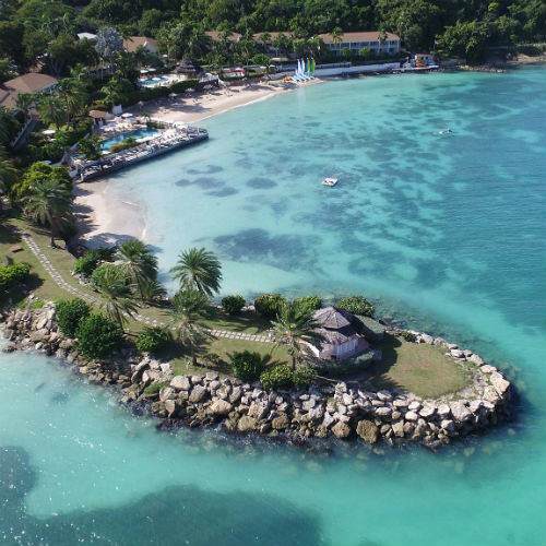 Aerial view the bay at the Blue Waters resort & Spa Antigua