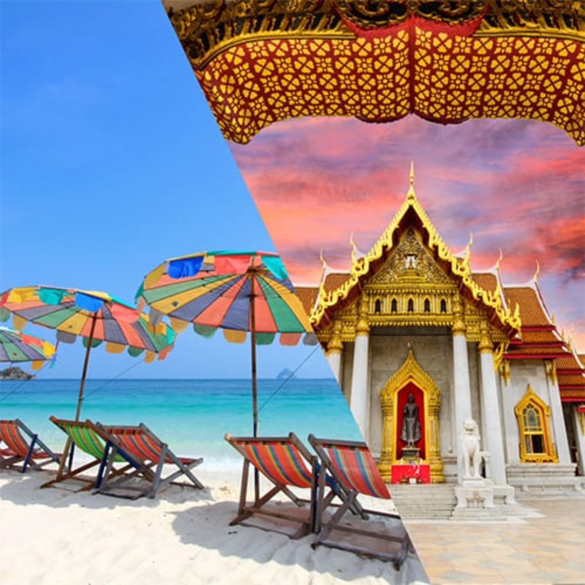 Phuket beach & Bangkok temple merged