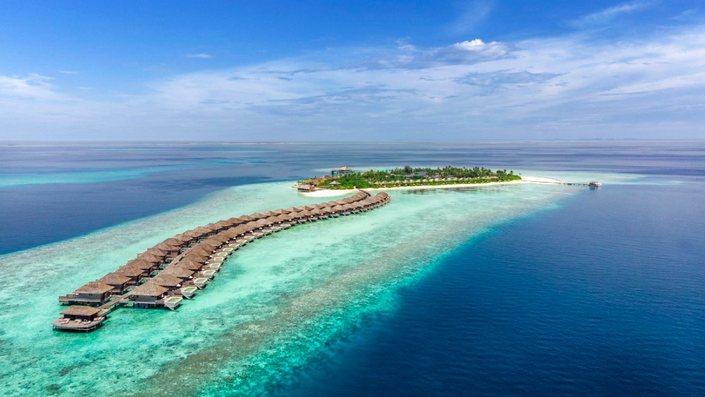 Aerial view of Hurawalhi Island Resort in Maldives