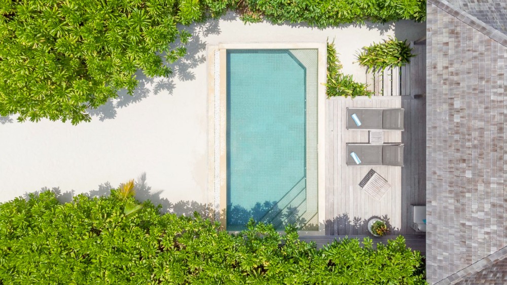 Aerial view of the private pool in the Beach Pool Villa at Hurawalhi Island Resort