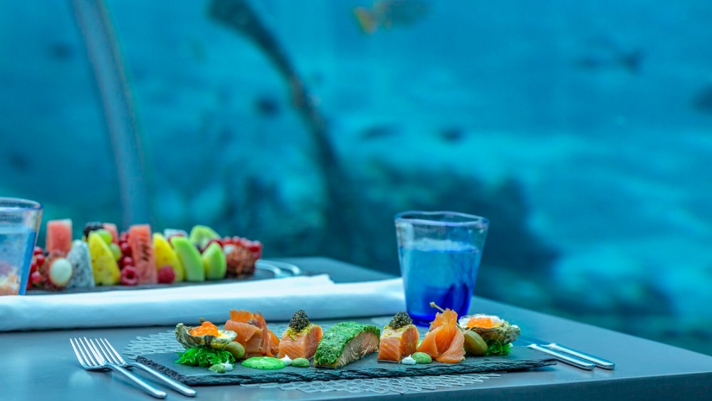 Sushi in an underwater restaurant at Hurawalhi Island Resort