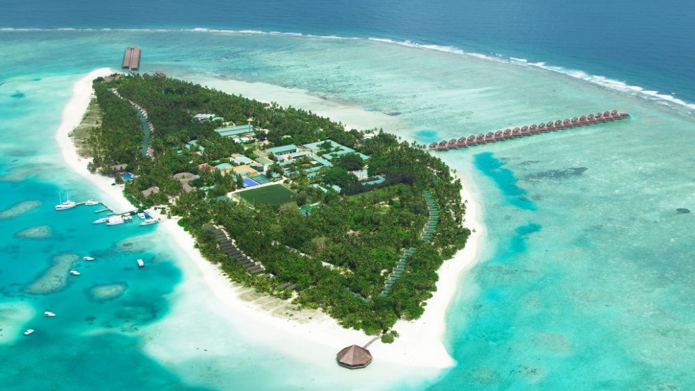 Aerial view of Meeru Island Resort in Maldives