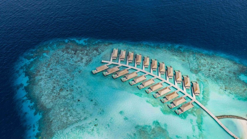 Aerial view of overwater villas at Kagi Spa Island