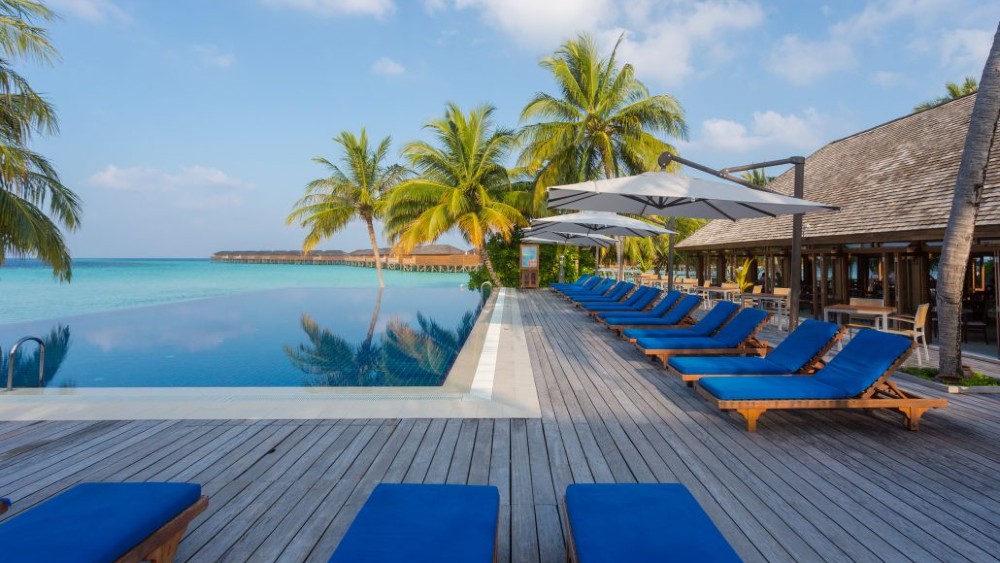Sun lounges around an infinity pool at Vilamendhoo Island