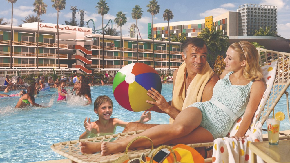 Stylised pitcure of a family at the pool at Cabana Bay Beach Resort