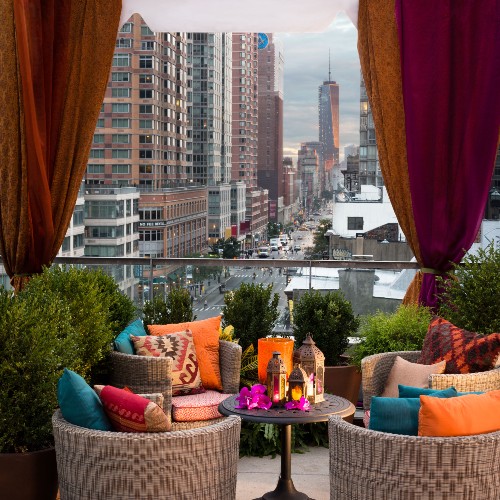 Outdoor seating with views of New York City