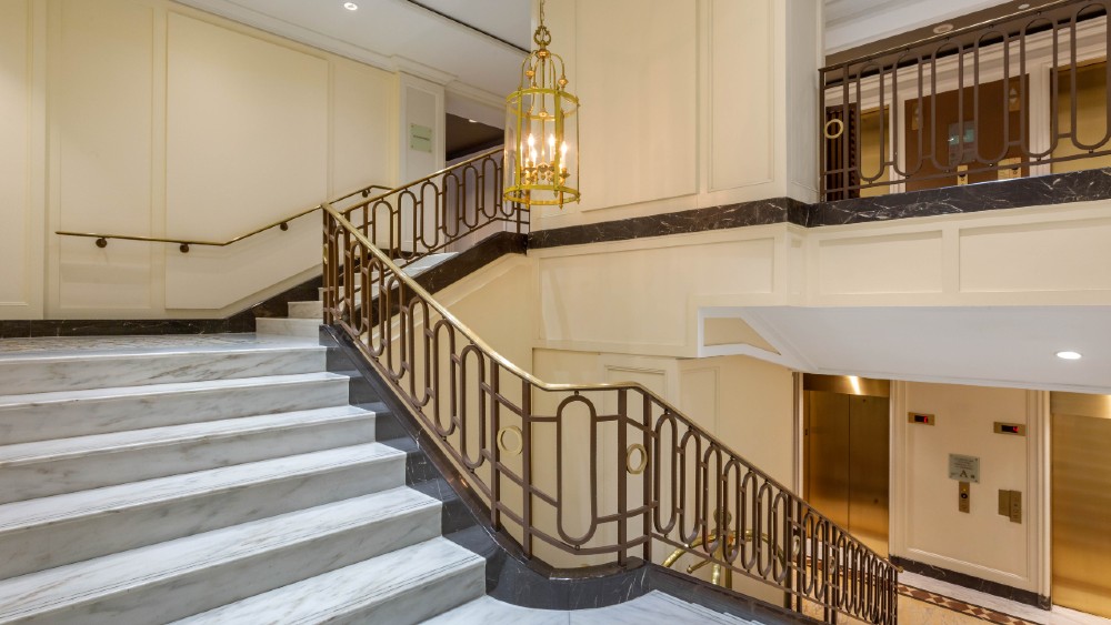 Grand staircase in the lobby of Omni Berkshire Place